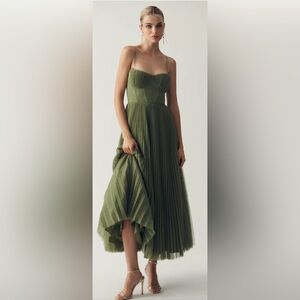 Hutch Amara Corset Pleated Tulle Fit & Flare Midi Dress Olive Green Size 2 NWT